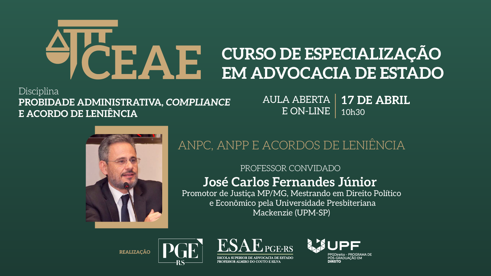 Banner do evento Aula Aberta sobre ANPC, ANPP e Acordos de Leniência