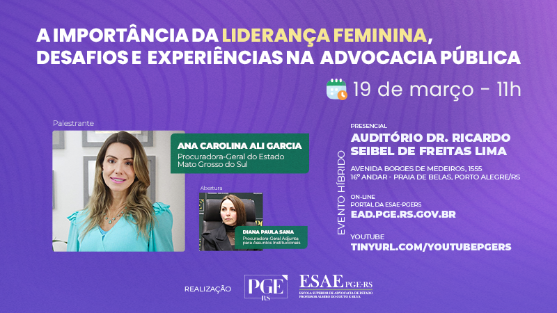 Banner do evento sobre Liderança Feminina na Advocacia Pública